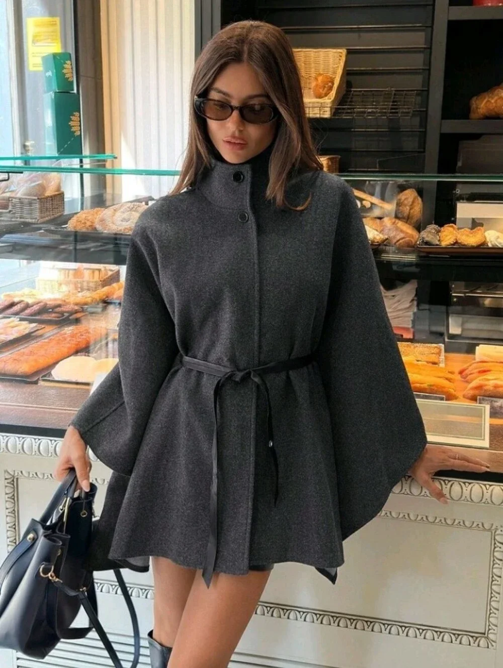 Women's Elegant High Collar Batwing Sleeve Cinched Waist Waist Wool Blend